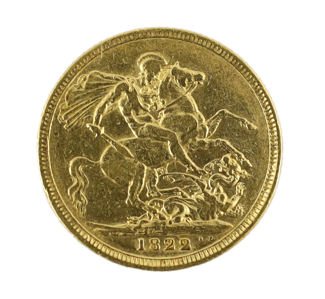 British gold coins, George IV sovereign 1822, minute nicks, otherwise good Fine